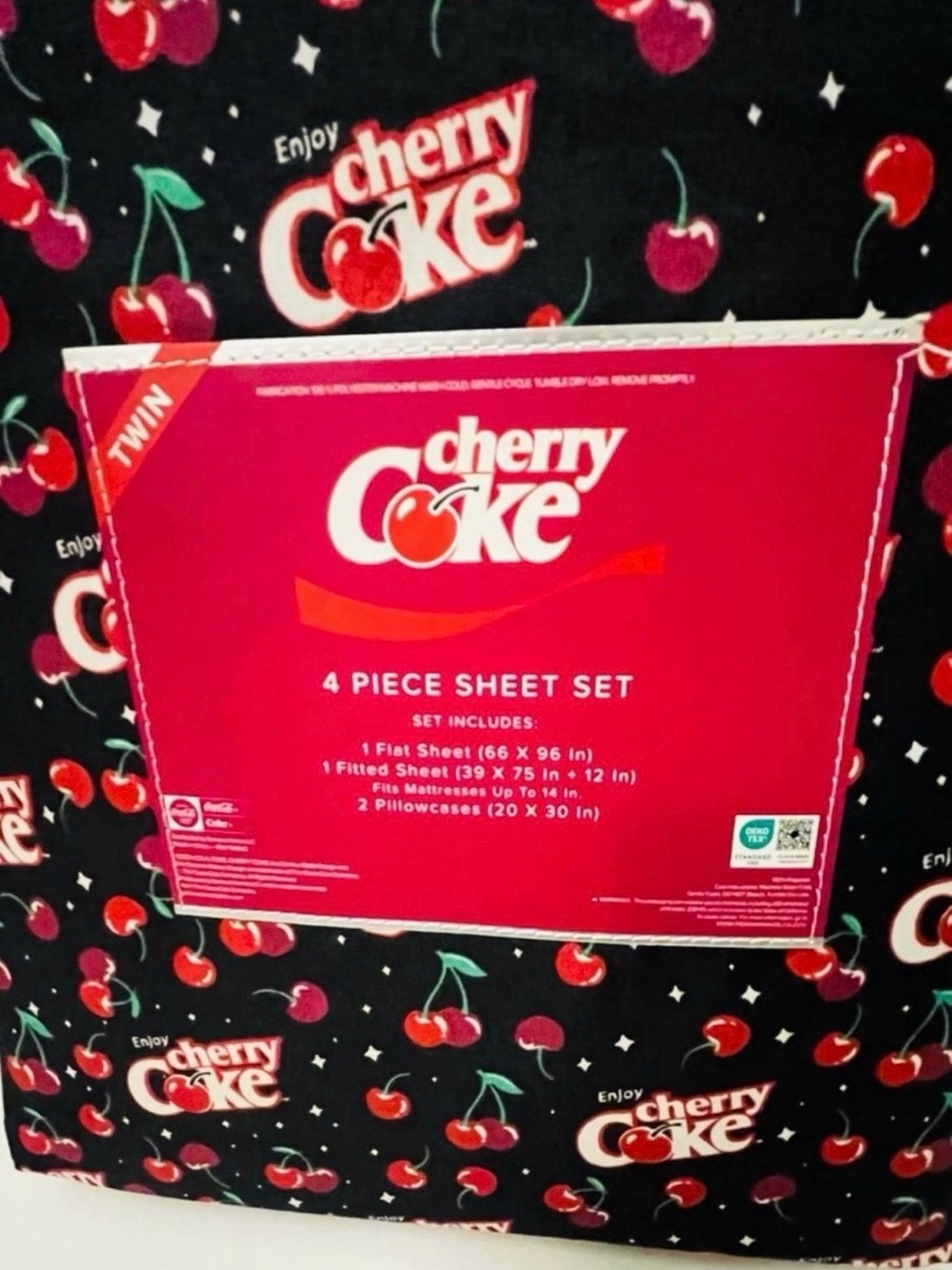 Enjoy Cherry Coke Twin Size 4 Piece Sheet Set Black Red White Green - Picture 10 of 12